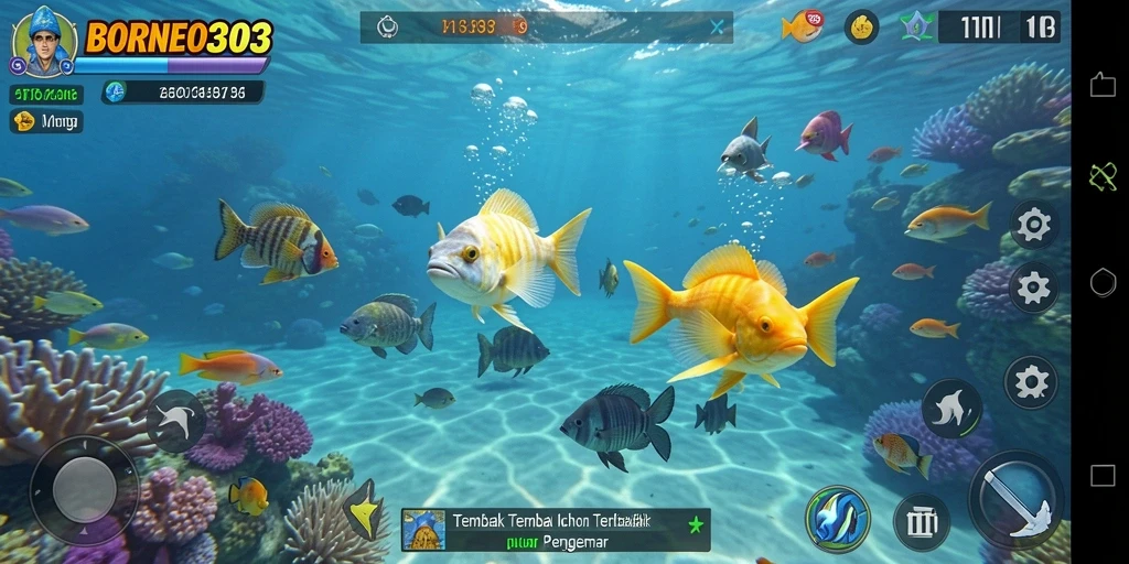 Tampilan gameplay seru dalam BORNEO303 saat menembak ikan.