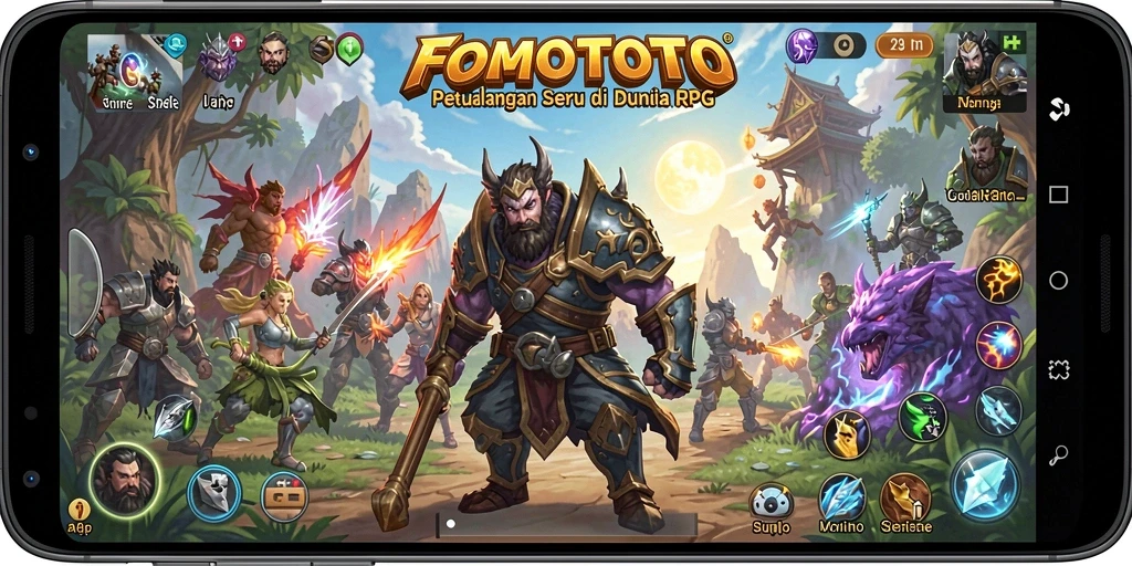 Screenshot FOMOTOTO menampilkan pertarungan epik dalam dunia RPG.