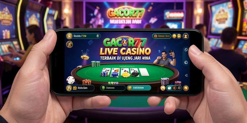Screenshot gameplay GACOR77 menampilkan dealer live dan pemain yang terlibat dalam permainan.