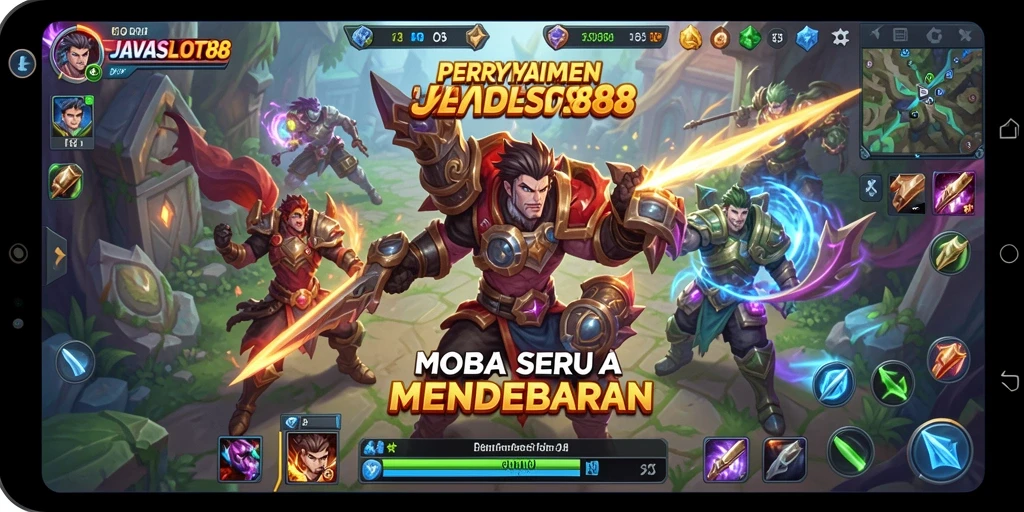 Tampilan seru gameplay MOBA di JAVASLOT88 saat bertarung.