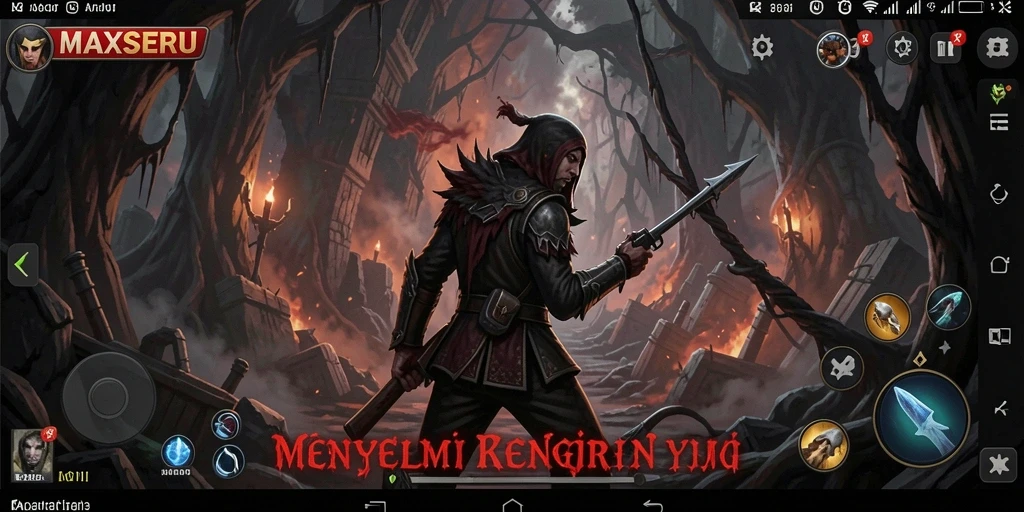 Screen capture gameplay MAXSERU dengan elemen horor yang mencekam.