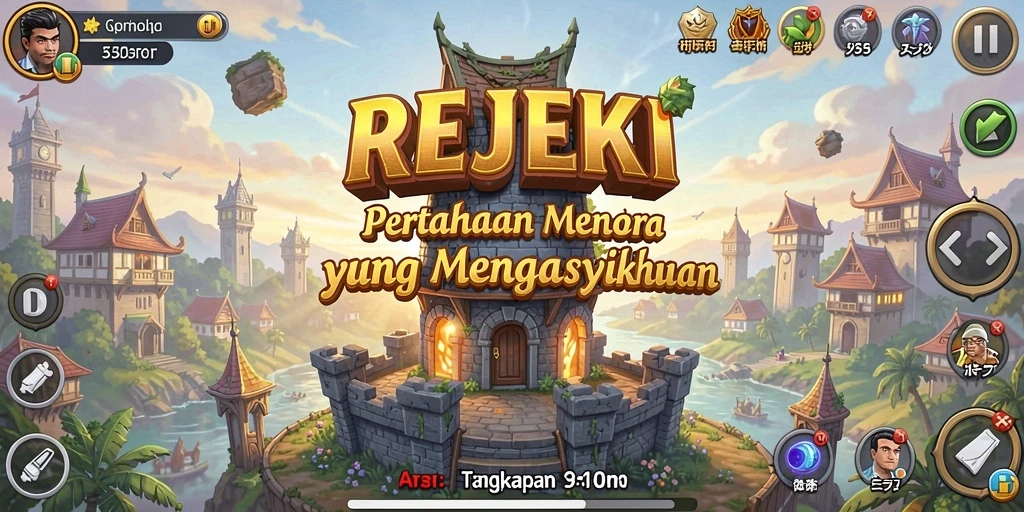 Menara yang siap bertempur dan musuh yang mendekat di gameplay REJEKI.