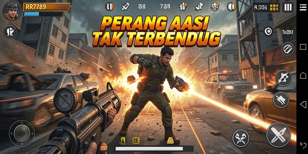 Screenshot RR789 menunjukkan karakter beraksi di medan perang yang intens.